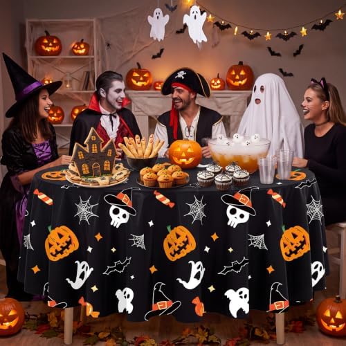 6 Pack Halloween Tablecloth, 84" Round Plastic Pumpkin Ghost Table Cloth Large Size Round Halloween Table Covers for Home Decor Halloween Party Decorations