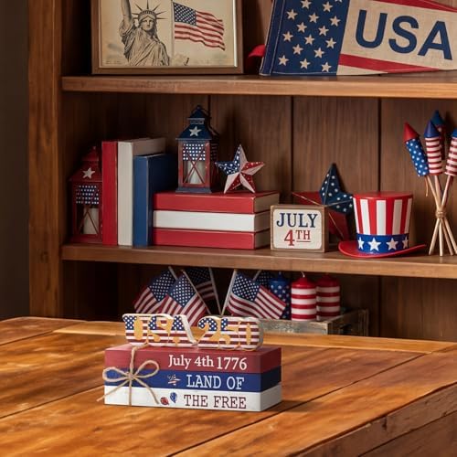 Smile 4th of July 250th Anniversary Wooden Block Stack with USA Decor, 5-Piece "Land of the Free" Patriotic Tiered Tray Tabletop Sign for Independence Day Decorations