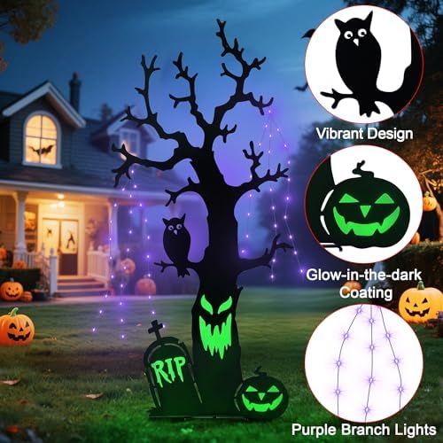 Solar Halloween Yard Decorations, 43 Inch Outdoor LED Solar Powered Haunted Tree Stakes Halloween Outdoor Decorations, Metal Spooky Tree Garden Stakes Lawn Yard Ornament