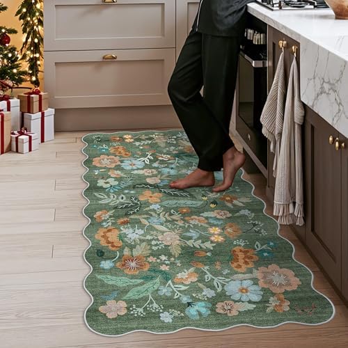Hallway 3x6 Washable Runner Rug - Indoor Floral Scalloped Kitchen Entryway Low Pile Carpet Soft Non Slip Floor Mat for