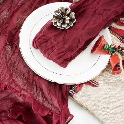 Nydotd 6pcs Gauze Cheesecloth Napkins 20 x 20 Inch Boho Dinner Napkins Wrinkled Rustic Linen Table Decorative Cloth Napkins for Wedding Party Baby Shower Family Everyday Use Easter (Burgundy Red)
