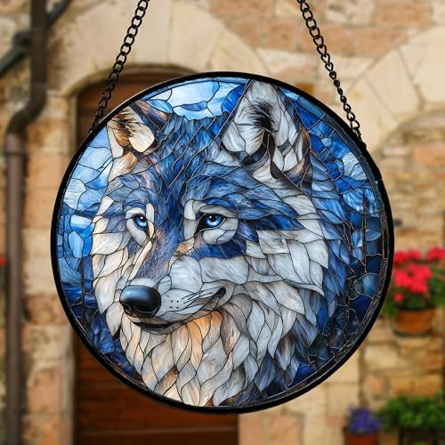Blue Wolf Stained Glass Window Hanging Suncatcher Gifts for Women 12"