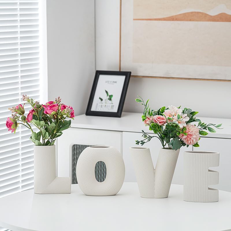 Love Sign Vases Ceramic Small Flower Vases Trendy Home Decor Entryway Decorative / White / Set of 4