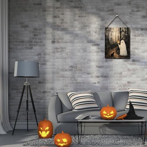 Cute Halloween Decorations Indoor: Funny Spooky Wooden Hanging Sign - Ghost Black Cat in Forest Door Sign Farmhouse Home Room Decor