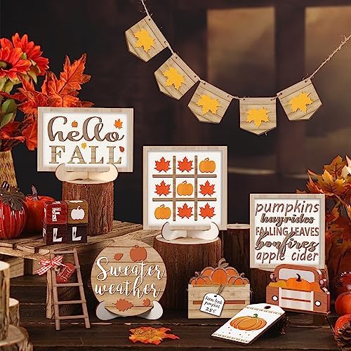 Fairysandy 14 Pcs Fall Tiered Tray Decor Set Maple Wooden Table Sign