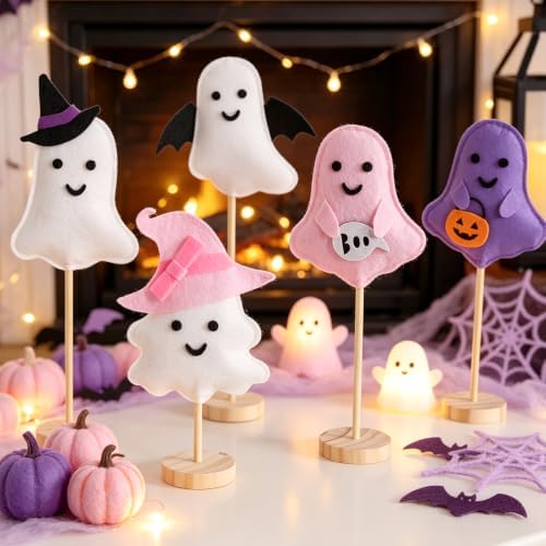 SUNBEAUTY Pink Halloween Decor Pink Felt Ghost Halloween Table Decorations, 5Pcs Cute Ghost Witch Hat Bat Wings, Boo, Pumpkin Centerpieces for Home Mantel Tabletop Desk Office Tray Decor