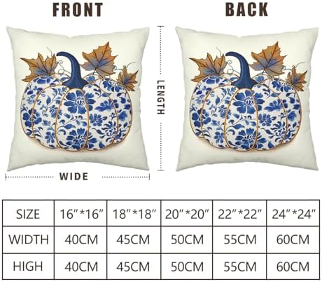 Fall Chinoiserie Pillow Covers 18x18 Set of 2 Blue and White Porcelain Pumpkin Leaf Flowers Autumn Outdoor Throw Pillows Thanksgiving Harvest Pillowcase for Sofa Couch Decor
