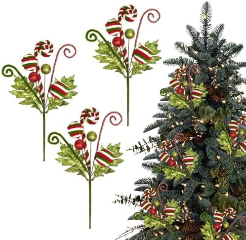 3 Pack Artificial Christmas Floral Picks Lime Green Red Berry Stems Xmas Tree Branches with Glitter Ball for Party Flower Arrangement Centerpieces (Green)