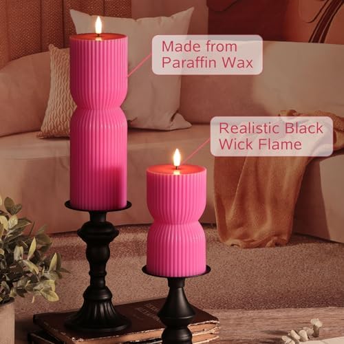Hot Pink Ribbed Flameless Pillar Candles with Remote Set of 2
