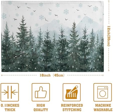 Winter Pine Tree Snowflake Placemats Set of 4 Christmas Snow Green Forest Place Mat 12x18 Inch Seasonal Xmas Holiday Rustic Nature Washable Fabric Table Mats for Farmhouse Kitchen Dining Decoration