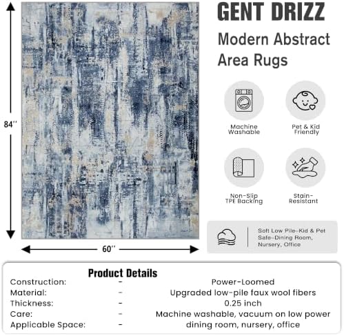 5x7 Area Rugs for Living Room: Washable Abstract Blue Gold Badroom Carpet