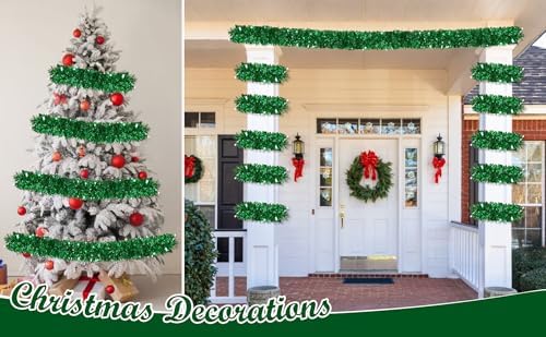50Ft Green Christmas Garland Decorations,Xams Greenery Tinsel Stems Non-Lit Soft Twist Garland Decor for Tree Stairs Railing Front Door Mantle Fireplace Indoor Outdoor Holiday Home