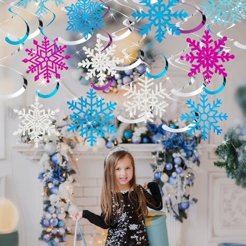 Snowflake Decorations, Christmas Hanging Decor, Blue Purple Silver, 30-Pc