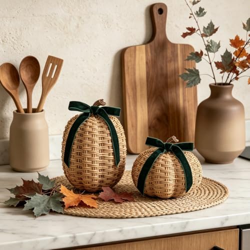 DN DECONATION Fall Pumpkin Decor, Fake Rattan Pumpkin Decorations for Home