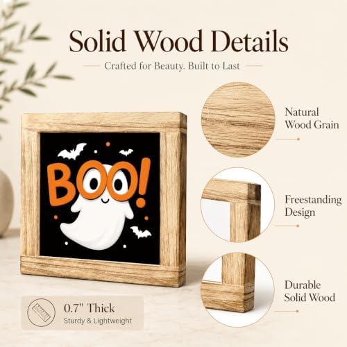Halloween Wooden Sign, Boo Ghost and Bat Tabletop Decor for Home