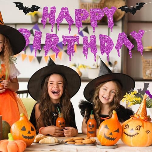 Purple Glitter Happy Birthday Halloween Banner- NO DIY - Halloween Hanging Paper Garland Bunting Banner Decorations, Party Supplies for Kids Boy Girl Birthday