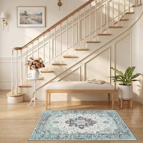 RELEANY Washable Area Rug, Small 2'6"x4', Teal Green/White/Navy