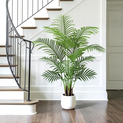 4ft Artificial Palm Tree Tall Faux Palm Tree Indoor Large Fake Plants with 12 Trunks Artificial Plants with White Pot