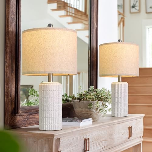 PoKat 20.75" Stone-Like Farmhouse Ceramic Table Lamps Set of 2 for Bedroom, White Bedside Lamps for Night Stands
