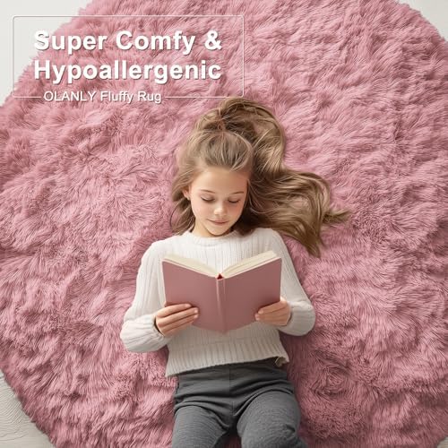 OLANLY Pale Pink Round Rugs for Bedroom - Machine Washable, 3 ft Circle Area Rugs for Living Room, Soft and Fluffy