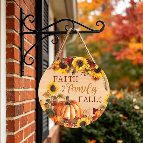 Faith Family Fall Front Door Sign Fall Sunflower Pumpkin Door Decorations Wood Sign Autumn Harvest Wreath Door Hanger Farmhouse Fall Plaques Wall Hanging Decoration for Home Proch Yard 12"x12"