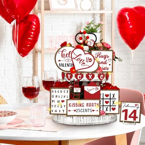 FairySandy 16 Pcs Valentine's Day Tiered Tray Decorations Set Valentine Heart Wood Sign Farmhouse Romantic Sweet Table Decor Love Theme Centerpieces for Kitchen Home Decor Wedding Party Gift
