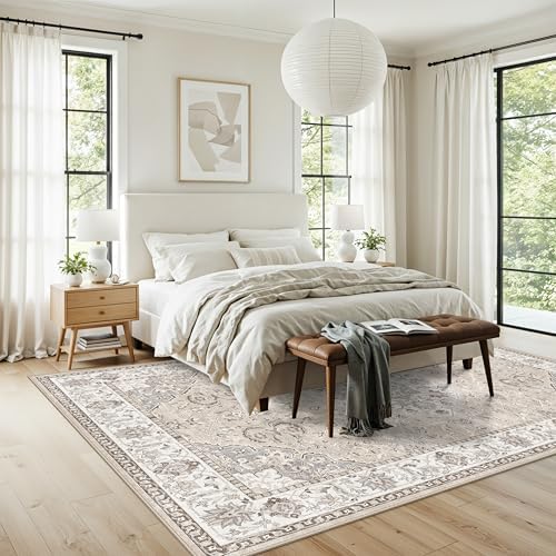 7x10 Area Rug for Living Room: Washable Neutral Vintage Large Rugs for Bedroom, Office, Dining Room, Kids Room