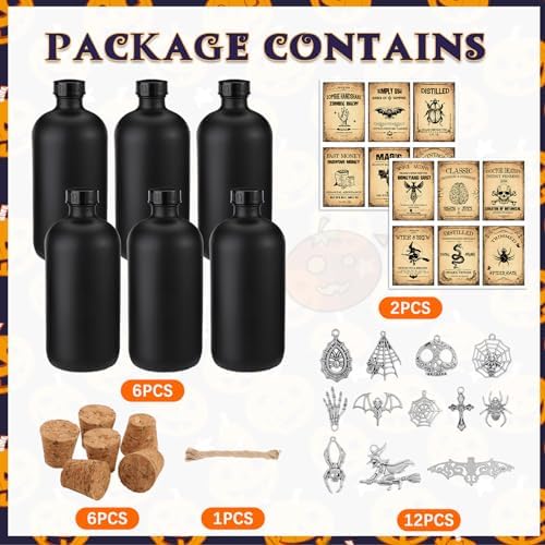 Uiifan 31 Pcs Halloween Potion Bottles Set with Cork, Black, 16 oz