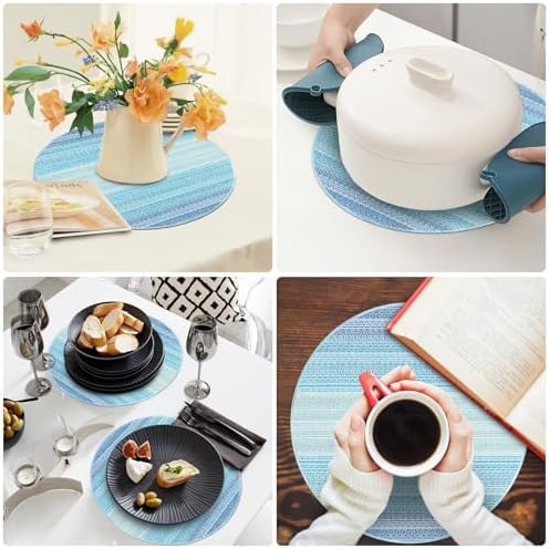 Niviy Round Placemats, Placemats Set of 6, 12x18 Inch Washable Place Mats Easy to Clean Heat Resistant Table Mats Wipeable Placemat for Holiday Party Kitchen Dining Table Decoration, Blue