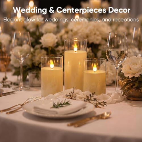 Homemory Ivory Flameless Candles, Battery Operated Acrylic LED Pillar Candles with Remote Timer, Realistic Flickering Fake Candles for Home Decor, Christmas, Wedding, Party, Set of 3