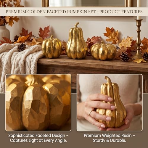 Gold Pumpkin Decor, 3Pcs Resin Pumpkin Figurines Fall Decoration for Home