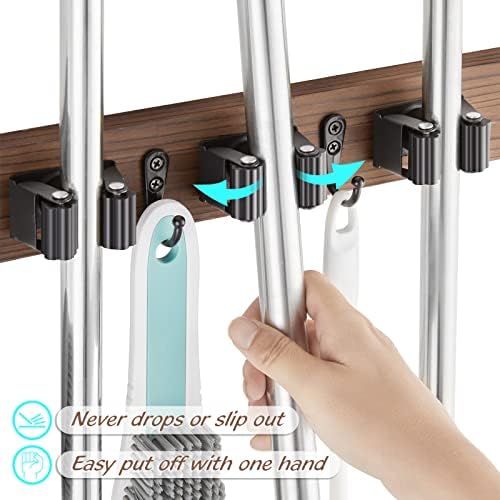 OUTNILI Mop and Broom Holder Wall Mount - Wood Broom Mop Hanger - Wall Mounted Garden Tool Rack Organizer for Closet