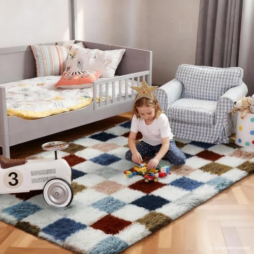 Ophanie Checkered Rainbow Rug for Living Room Bedroom,Colorful Fluffy Soft Cute Fuzzy Area Rugs,Shag Plush Shaggy