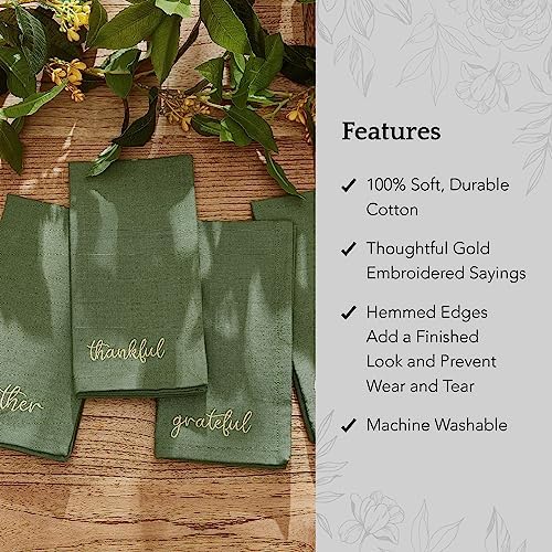 Threadmade Harvest Sentiment Embroidered Napkins, Set of 4, Green - 17" W x 17" L