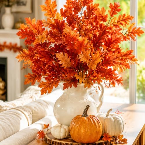 Wavwavw 6 Pcs 32'' Fall Artificial Oak Leaves Stem Fake Oak Branch Decor