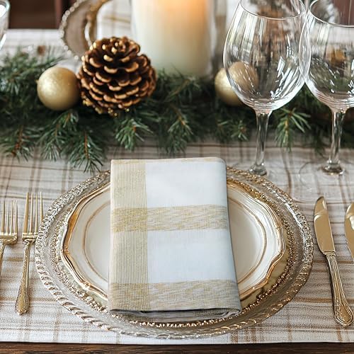 COTTON CRAFT Gold Plaid Holiday Napkins - Set of 12 Cotton Cloth Napkin