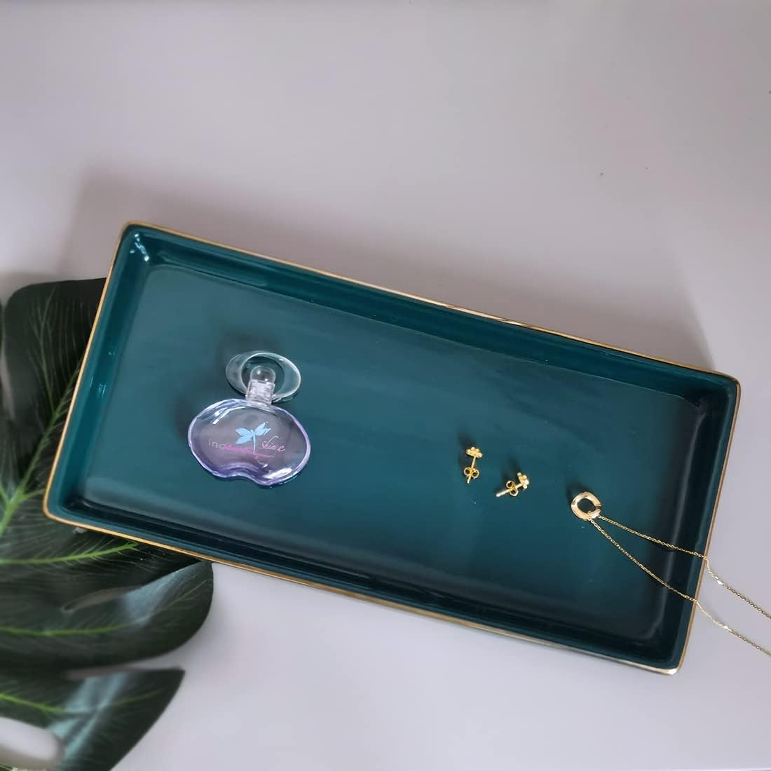 Ceramic Bathroom Tray for Countertop / Green / 10 x 5