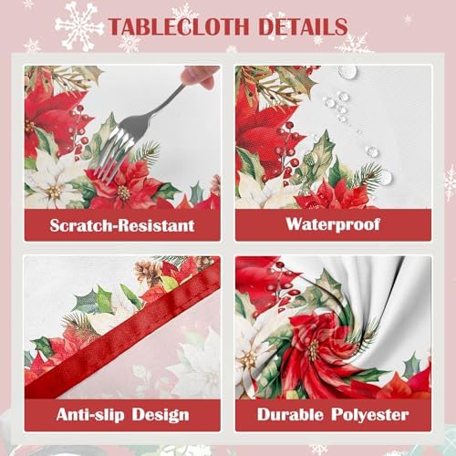 Christmas Floral Polyester Tablecloth, Red, 60 x 104 inch