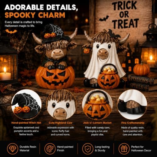 Karenhi 2 Pcs Halloween Highland Cows Figurines Resin, Pumpkin Decor