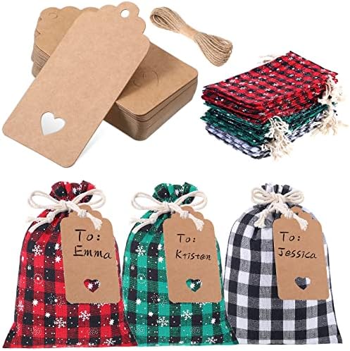 Shappy 24 Pcs Christmas Drawstring Gift Bags Xmas Buffalo Plaid Burlap Advent Bags 7 x 5 Inches Linen Treat Candy Bag with 32.8 ft Rope 24 Card(Assorted Color)