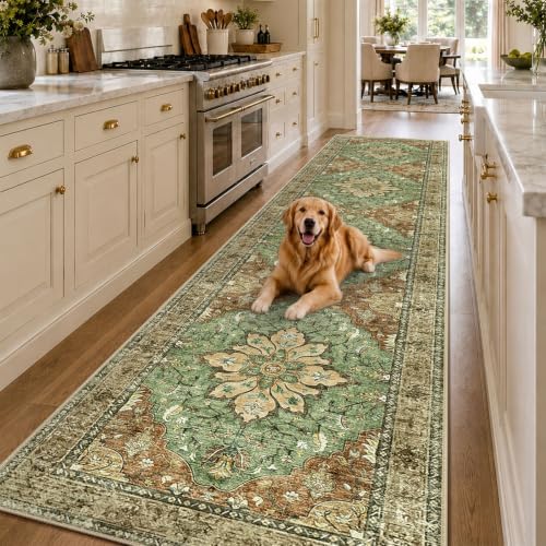 RELEANY Washable Area Rug, Runner 3'x12', Brick/Brown/Green