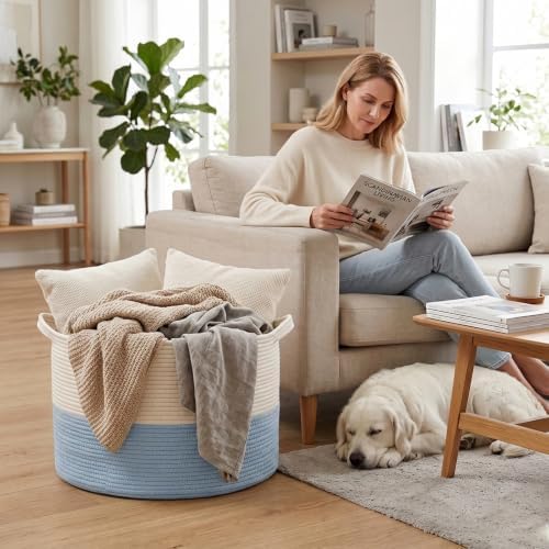 90L Large Blanket Basket,Woven Laundry Basket-White&Blue