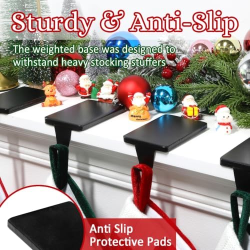HMASYO Christmas Stocking Holders for Mantle Set of 6, Black Heavy Duty Iron Stocking Hangers Base, Low Profile Weighted Stocking Holder Hooks for Fireplace Tabletop Shelf Christmas Decoration