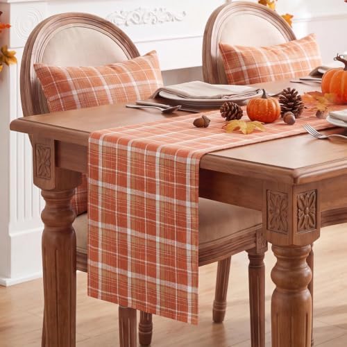 Softalker Fall Checkered Tartan Table Runner, Orange, 13 x 48 Inch
