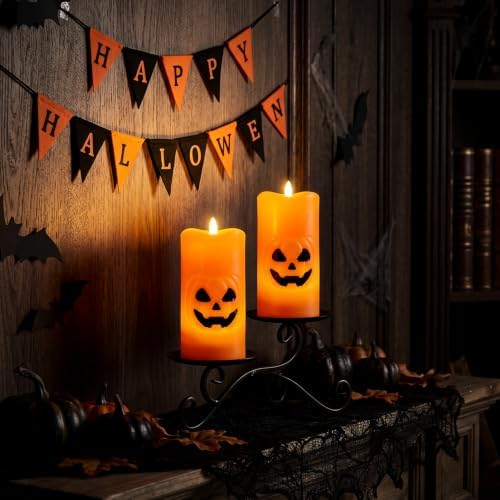 Halloween Pumpkin Flameless Pillar Candles with 6H Timer, 2PCS