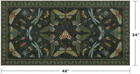 Washable 2x4 Rug Runner, Small Runners for Entryway Indoor, Kitchen, Bathroom, Dark Green Insect Boho Design, Non Slip