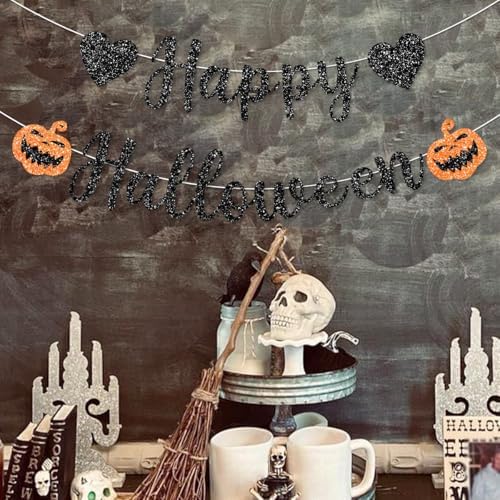 Pre-Strung Happy Halloween Decorations Banner Black Glitter
