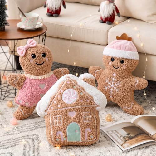 Konohan 3 Pcs Christmas Gingerbread Man House Throw Pillows Xmas Pillows