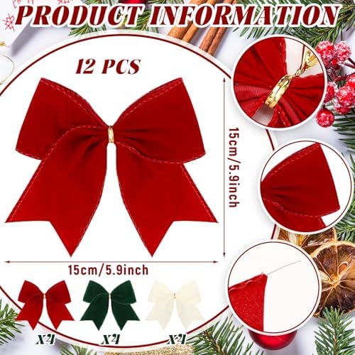 Janinka 12 Pcs 6 Inch Christmas Velvet Bows for Wreath Dark Green Red Beige