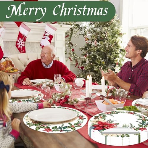 50 Pack Christmas Paper Placemats Disposable Poinsettia Place Mats 13.4 Inch Red Green Christmas Flower Decorative Round Table Mats for Xmas Winter Birthday Wedding Baby Shower Party Supplies